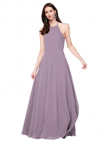 Keyhole Back Dark Lavender Sleeveless Halter Neck A-Line Chiffon Bridesmaid Dress / Evening Dress Worcester