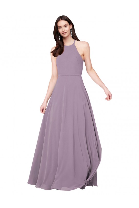Keyhole Back Dark Lavender Sleeveless Halter Neck A-Line Chiffon Bridesmaid Dress / Evening Dress Worcester