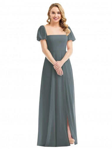 Puff Sleeves Square Neck A-Line Soft Chiffon Semi Formal Evening Dress / Bridesmaid Dress Worcester