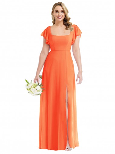 Open Back Flutter Sleeves Square Neck A-Line Soft Chiffon Semi Formal Evening Dress / Bridesmaid Dress Worcester