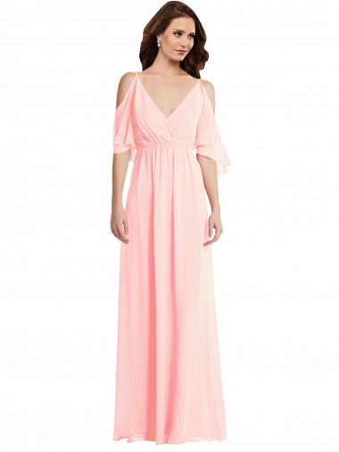 V-Back Cold Shoulder V-Neck A-Line Soft Chiffon Semi Formal Evening Dress / Bridesmaid Dress Worcester