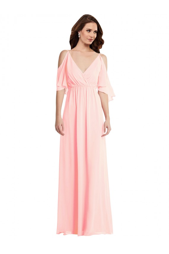 V-Back Cold Shoulder V-Neck A-Line Soft Chiffon Semi Formal Evening Dress / Bridesmaid Dress Worcester