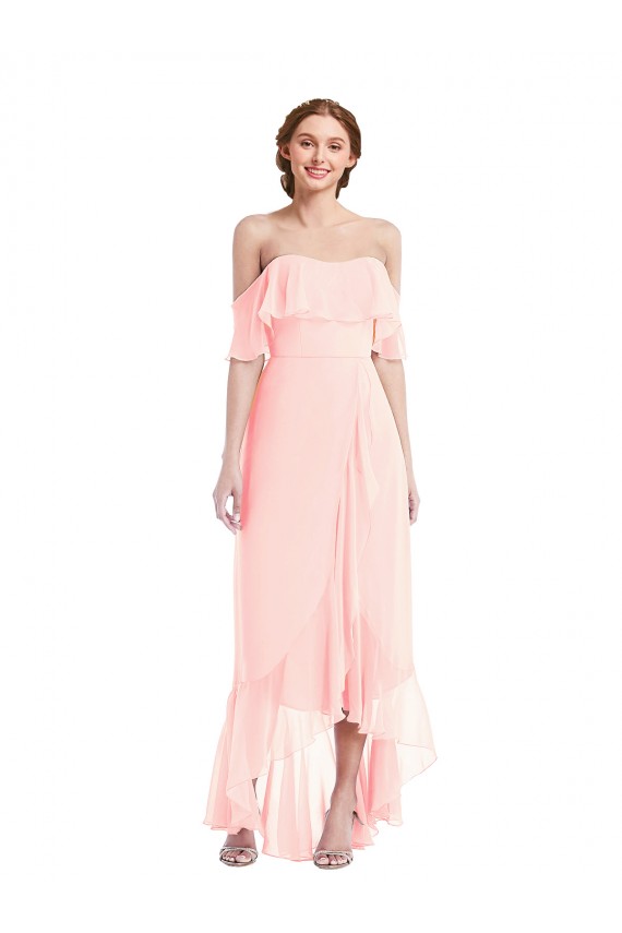 Sleeveless Off the Shoulder A-Line Soft Chiffon High Low Bridesmaid Dress Worcester