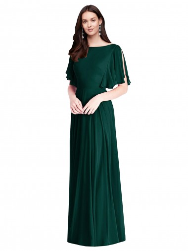 V-Back Bell Sleeves Bateau Neck A-Line Soft Chiffon Semi Formal Evening Dress / Bridesmaid Dress Worcester