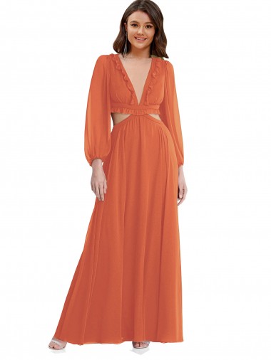 Open Back Long Sleeves V-Neck A-Line Soft Chiffon High Low Evening Gown / Bridesmaid Dress Worcester