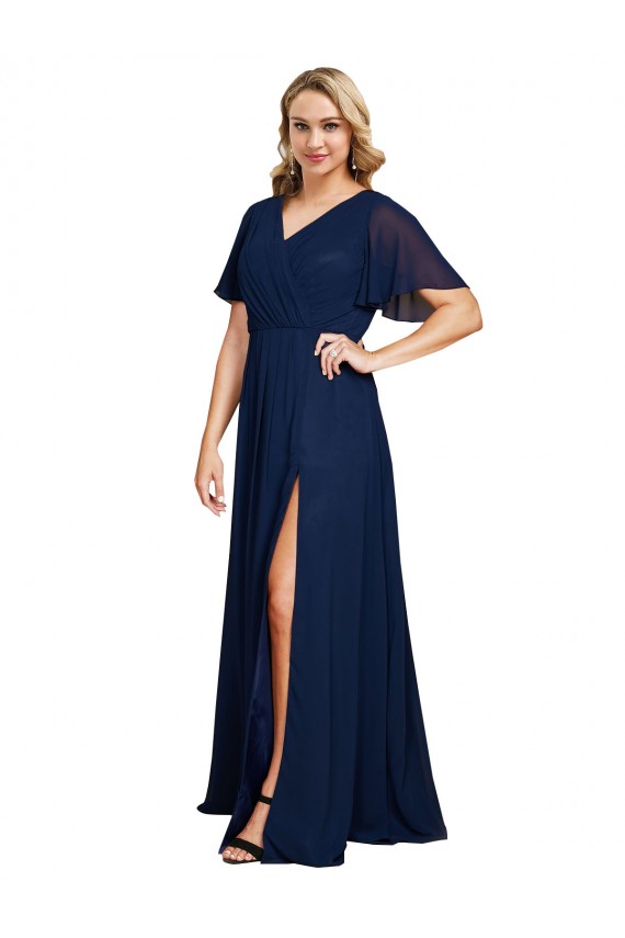 Short Flutter Sleeves V-Neck A-Line Soft Chiffon Formal Plus Size Evening Gown / Prom Dress / Bridesmaid Dress Worcester