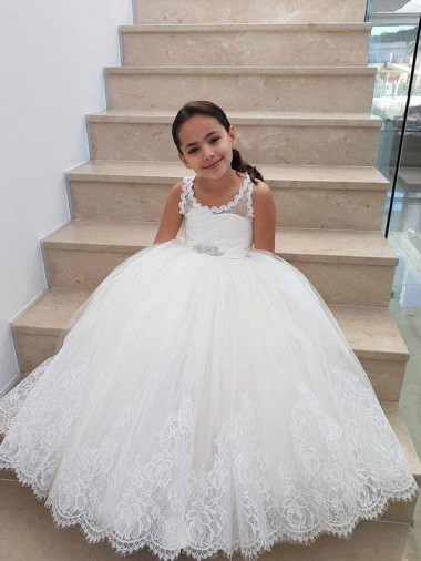 Keyhole Back Sleeveless High Neck Ball Gown Tulle & Lace Flower Girl Dress for Wedding Worcester