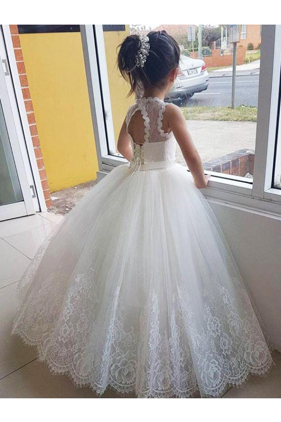Keyhole Back Sleeveless High Neck Ball Gown Tulle & Lace Flower Girl Dress for Wedding Worcester