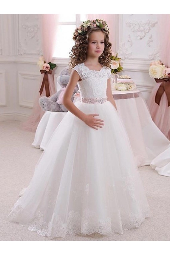Keyhole Back Cap Sleeves High Neck Ball Gowns Tulle & Lace Flower Girl Dress Worcester
