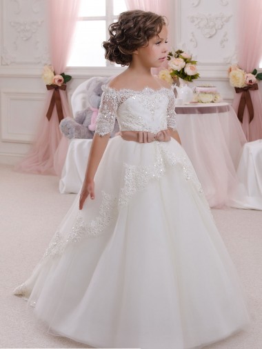 Keyhole Back Short Sleeves High Neck Ball Gown Tulle & Lace Flower Girl Dresses Worcester