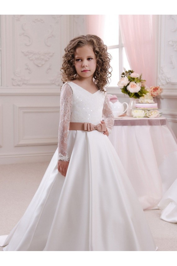 Long Sleeves V-Neck Ball Gown Satin & Lace Flower Girl Dress Worcester