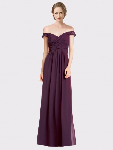 Low Back Grape Sleeveless Off the Shoulder A-Line Soft Chiffon & Lace Bridesmaid Dress Worcester