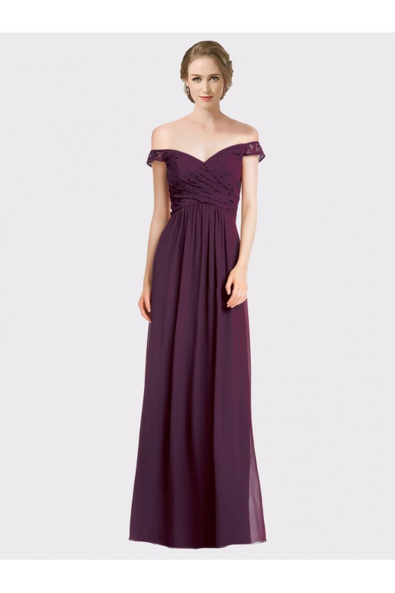 Low Back Grape Sleeveless Off the Shoulder A-Line Soft Chiffon & Lace Bridesmaid Dress Worcester