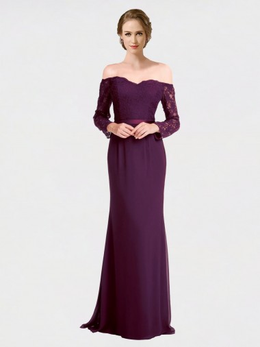 Low Back Long Sleeves Off the Shoulder Mermaid Soft Chiffon & Lace Bridesmaid Dress Worcester
