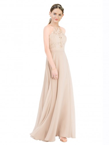 Keyhole Back Sleeveless Halter Neck A-Line Soft Chiffon & Lace Prom Dress / Bridesmaid Dress Worcester