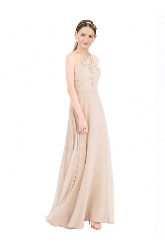 Keyhole Back Sleeveless Halter Neck A-Line Soft Chiffon & Lace Prom Dress / Bridesmaid Dress Worcester