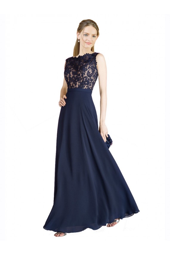 V-Back Sleeveless Illusion Neck A-Line Soft Chiffon & Lace Prom Dress / Bridesmaid Dress Worcester