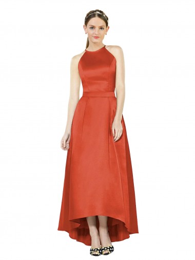 Spice Red Sleeveless Halter Neck A-Line Satin High Low Bridesmaid Dress Worcester