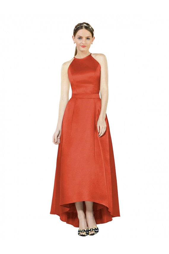 Spice Red Sleeveless Halter Neck A-Line Satin High Low Bridesmaid Dress Worcester