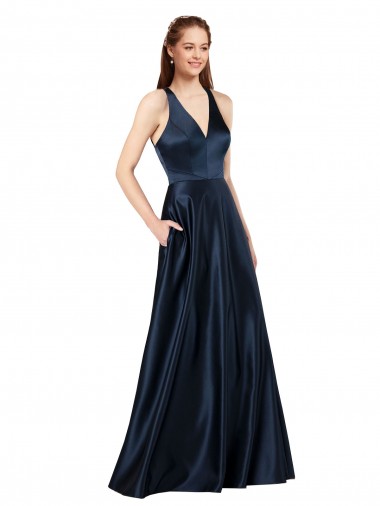 Keyhole Back Sleeveless V-Neck A-Line Satin Formal Evening Gown / Prom Dress / Bridesmaid Dress Worcester