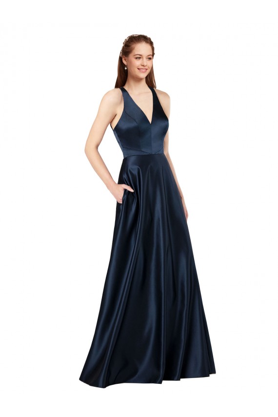 Keyhole Back Sleeveless V-Neck A-Line Satin Formal Evening Gown / Prom Dress / Bridesmaid Dress Worcester