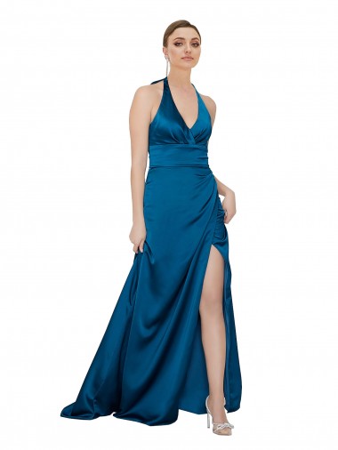 Open Back Peacock Blue Sleeveless Halter Neck A-Line Silk like Satin Formal Evening Gown / Prom Dress / Bridesmaid Dress Worcester