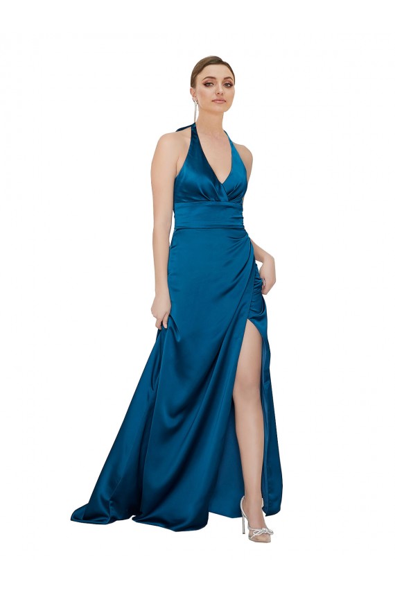 Open Back Peacock Blue Sleeveless Halter Neck A-Line Silk like Satin Formal Evening Gown / Prom Dress / Bridesmaid Dress Worcester