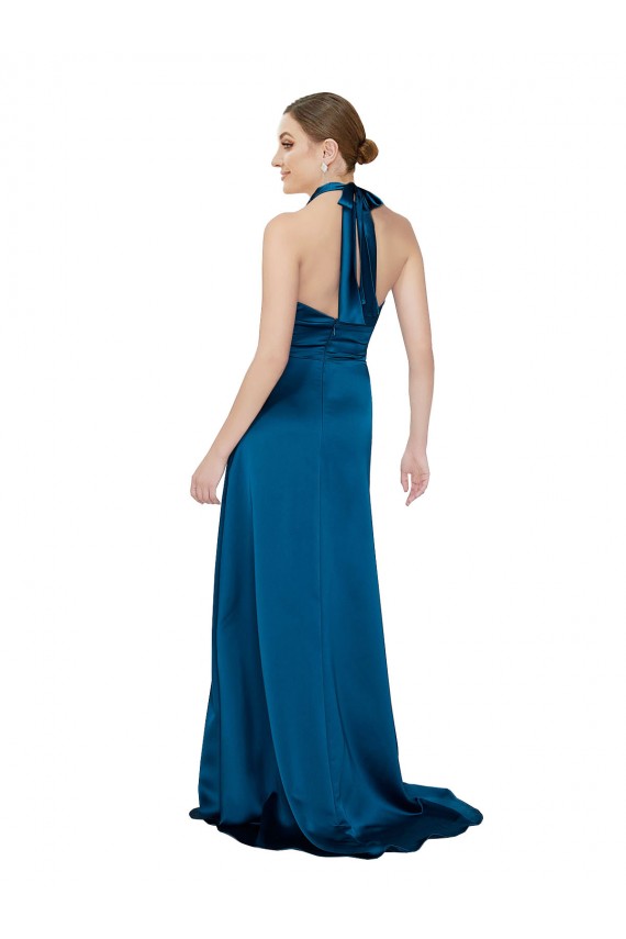 Open Back Peacock Blue Sleeveless Halter Neck A-Line Silk like Satin Formal Evening Gown / Prom Dress / Bridesmaid Dress Worcester