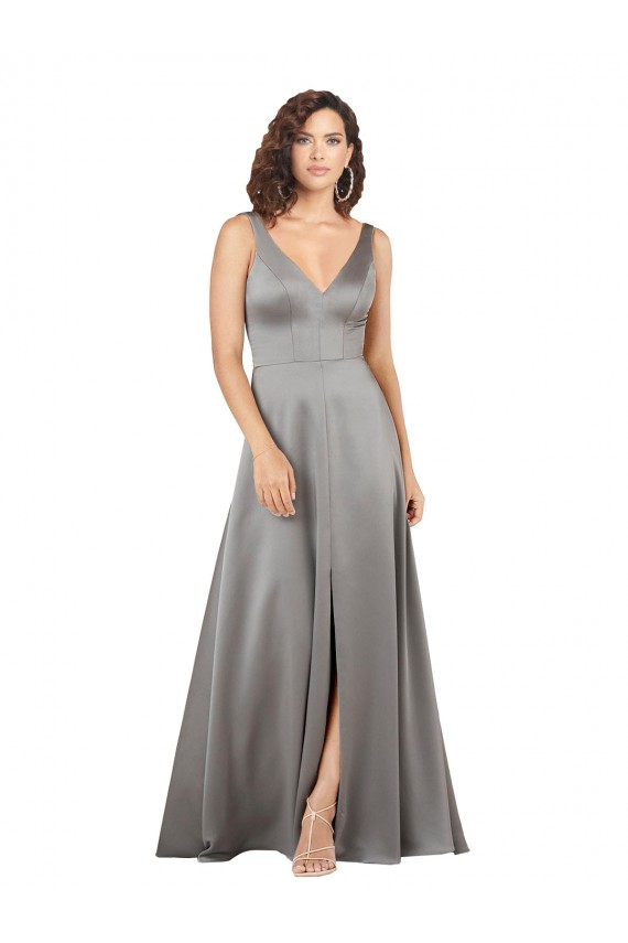 Pearl Grey Sleeveless V-Neck A-Line Silk like Satin Formal Evening Gown / Prom Dress / Bridesmaid Dress Worcester