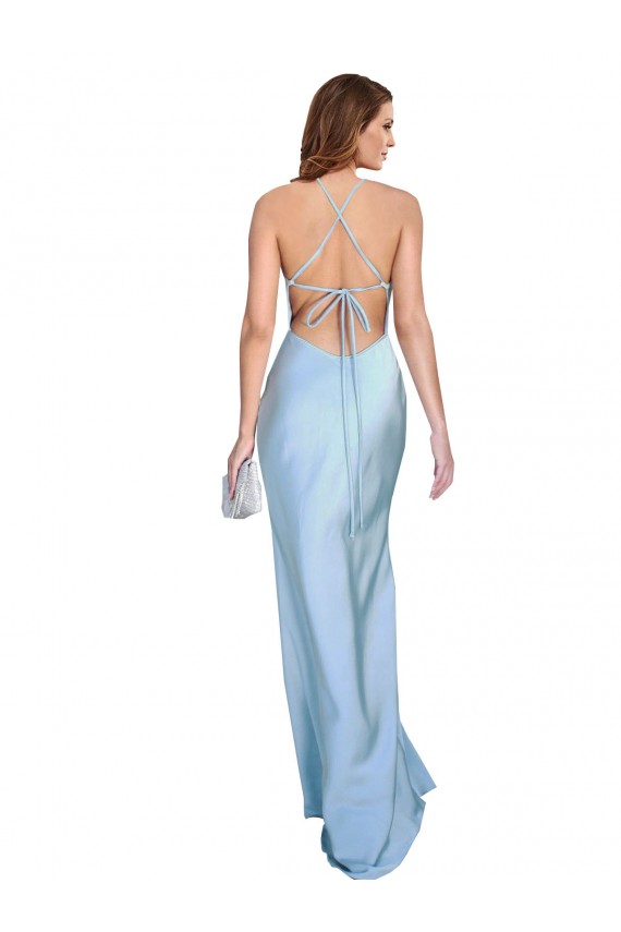 Criss Cross Open Back Light Sky Blue Sleeveless Cowl Neck Sheath Silk like Satin Formal Evening Gown / Prom Dress / Bridesmaid Dress Worcester