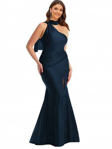 Dark Navy Sleeveless One Shoulder Mermaid Silk like Satin Formal Plus Size Evening Gown / Prom Dress / Bridesmaid Dress Worcester