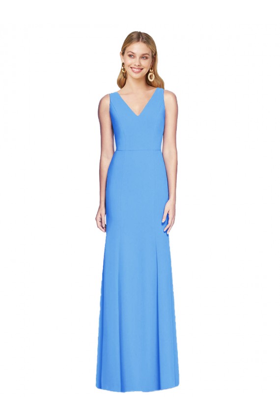 Keyhole Back Peacock Blue Sleeveless V-Neck Trumpet Stretch Crepe Semi Formal Evening Dress / Prom Dress / Bridesmaid Dress Worcester