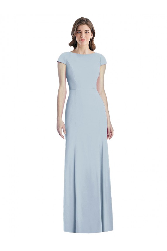 Open Back Light Sky Blue Cap Sleeves Bateau Neck Trumpet Stretch Crepe Formal Dress / Bridesmaid Dress Worcester