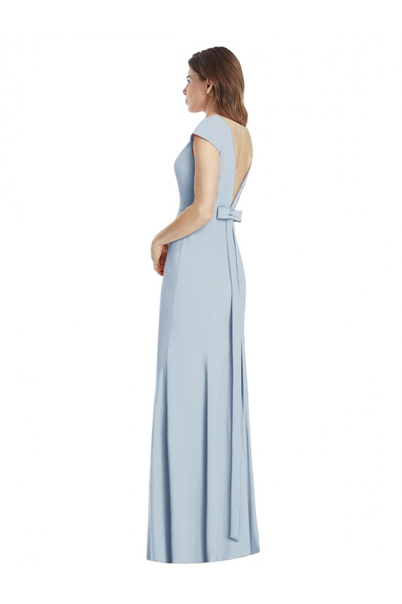 Open Back Light Sky Blue Cap Sleeves Bateau Neck Trumpet Stretch Crepe Formal Dress / Bridesmaid Dress Worcester