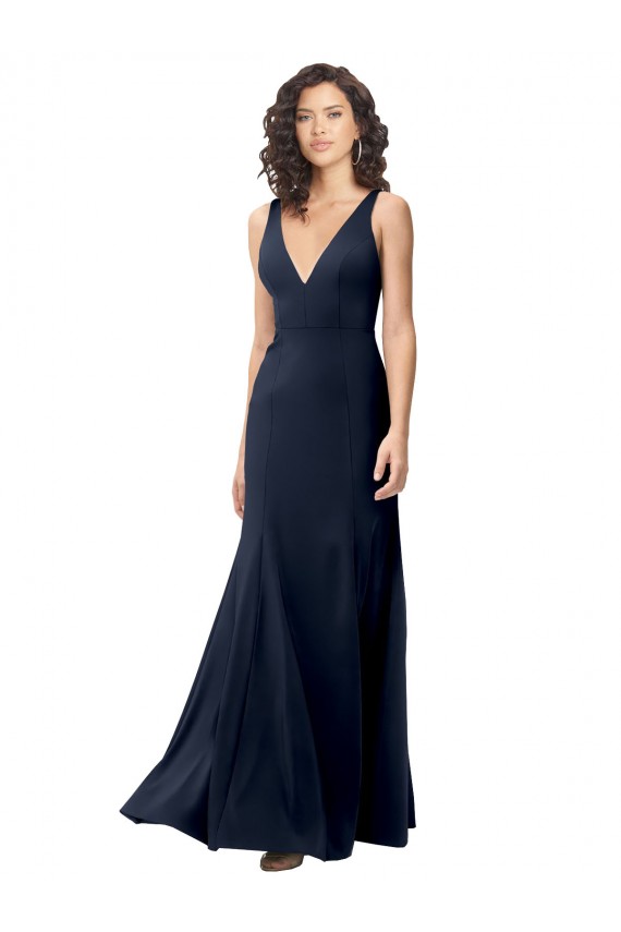 V-Back Dark Navy Sleeveless V-Neck A-Line Stretch Crepe Formal Dress / Bridesmaid Dress Worcester