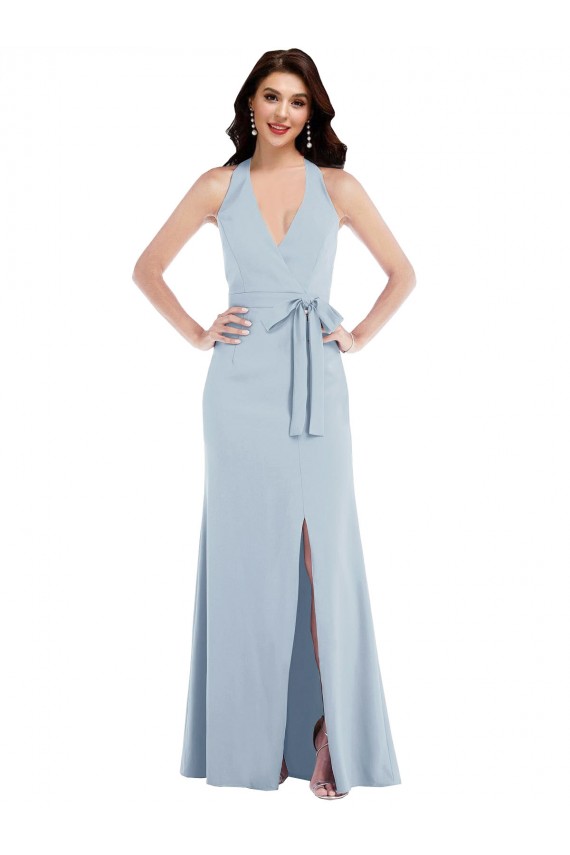 Open Back Light Sky Blue Sleeveless Halter Neck A-Line Stretch Crepe Formal Evening Gown / Prom Dress / Bridesmaid Dress Worcester