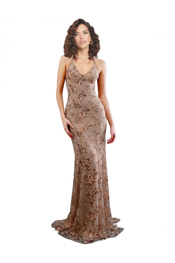 Backless Rose Gold Sleeveless V-Neck Mermaid Stretch Crepe & Sequin Tulle Formal Evening Gown / Prom Dress / Bridesmaid Dress Worcester