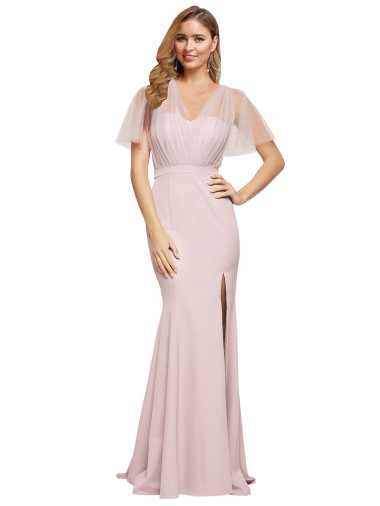 Low Back Short Sleeves One Shoulder Sheath Stretch Crepe & Tulle Formal Evening Gown / Prom Dress / Bridesmaid Dress Worcester