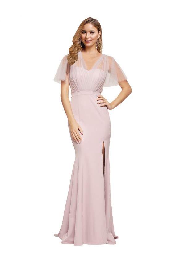 Low Back Short Sleeves One Shoulder Sheath Stretch Crepe & Tulle Formal Evening Gown / Prom Dress / Bridesmaid Dress Worcester