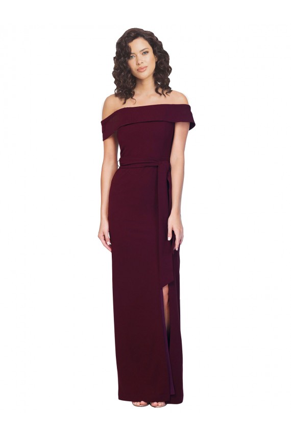 Low Back Burgundy Gold Sleeveless Off the Shoulder Sheath Stretch Crepe Formal Evening Gown / Prom Dress / Bridesmaid Dress Worcester