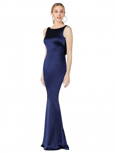 Low Back Dark Navy Sleeveless Halter Neck Sheath Stretch Satin Formal Evening Gown / Prom Dress / Bridesmaid Dress Worcester