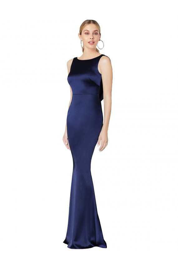 Low Back Dark Navy Sleeveless Halter Neck Sheath Stretch Satin Formal Evening Gown / Prom Dress / Bridesmaid Dress Worcester