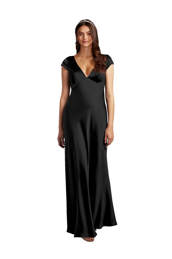 Keyhole Back Cap Sleeves V-Neck A-Line Stretch Satin Formal Evening Gown / Prom Dress / Bridesmaid Dress Worcester