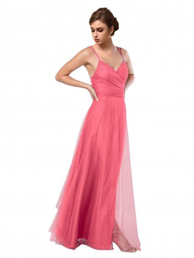 V-Back Watermelon Sleeveless Spaghetti Straps A-Line Tulle Bridesmaid Dress Worcester