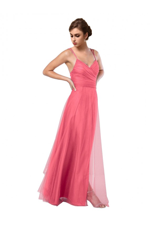 V-Back Watermelon Sleeveless Spaghetti Straps A-Line Tulle Bridesmaid Dress Worcester