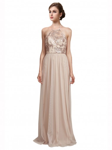 Nude Sleeveless Halter Neck A-Line Tulle Bridesmaid Dress Worcester