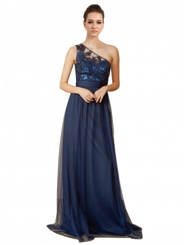 Dark Navy Sleeveless One Shoulder A-Line Tulle Bridesmaid Dress Worcester