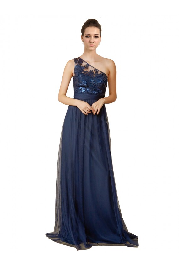 Dark Navy Sleeveless One Shoulder A-Line Tulle Bridesmaid Dress Worcester