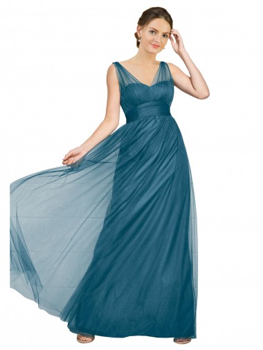 V-Back Teal Green Sleeveless V-Neck A-Line Tulle Bridesmaid Dress Worcester