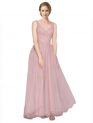 V-Back Pink Sleeveless V-Neck A-Line Tulle Bridesmaid Dress Worcester